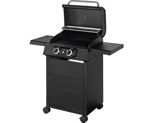 Barbecue à gaz noir avec surfaces de rangement et meuble bas