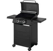 Barbecue à gaz avec deux brûleurs, grilles et étagères latérales sur roulettes