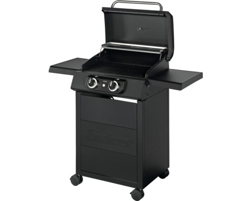 Barbecue à gaz avec deux brûleurs, grilles et étagères latérales sur roulettes