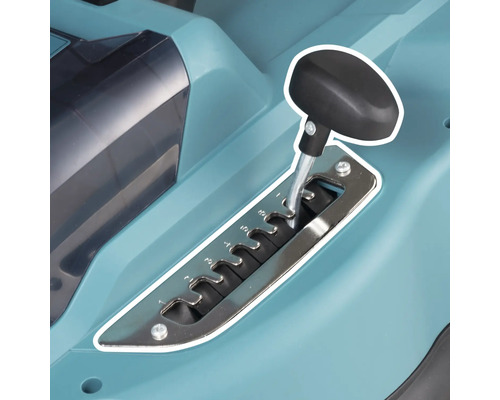 Detailaufnahme des Geschwindigkeitswahlhebels eines Rasenmähers.