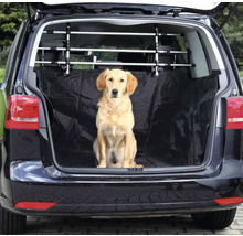 Hund sitzt im Kofferraum eines Autos mit Hundegitter und Kofferraumschutzdecke