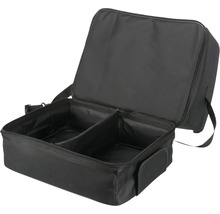 Offene, schwarze Werkzeugtasche mit Fächern und Tragegurt