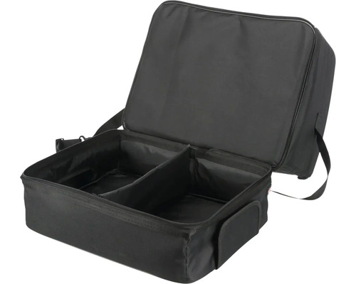 Offene, schwarze Werkzeugtasche mit Fächern und Tragegurt