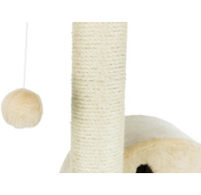 Gros plan d'un arbre à chat avec tronc en sisal et balle de jeu