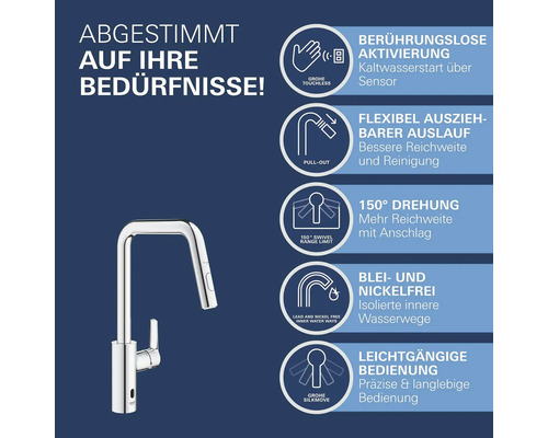 Produktinformationen zu einer Küchenarmatur mit Sensortechnologie, herausziehbarem Auslauf und 150 Grad Schwenkbereich