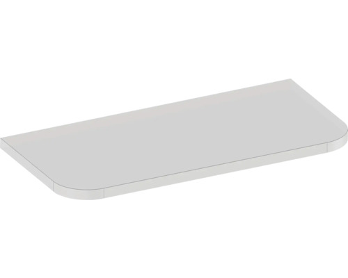 Tablette d'étagère gris clair avec deux coins arrondis sur le bord avant.