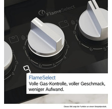 Nahaufnahme eines Kochfelds mit FlameSelect Funktion und Drehknöpfen zur Gasregelung.