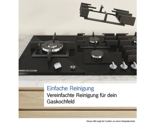 Schwarzes Bosch Gaskochfeld mit abnehmbaren Topfträgern