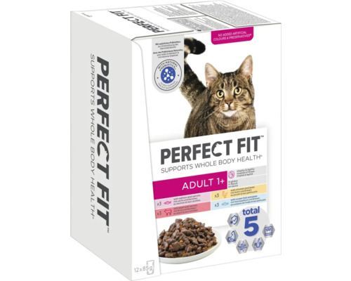 Perfect Fit Adult 1+ nourriture pour chat multipack avec saumon, bœuf, poulet et poisson de mer