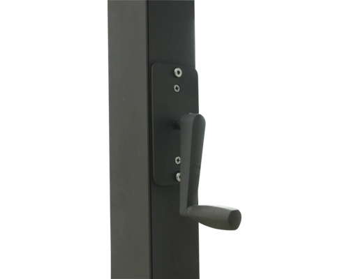 Vue détaillée d'un pied de parasol avec mécanisme à manivelle.