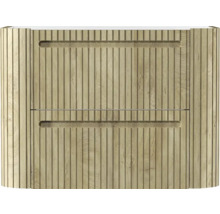 Waschbeckenunterschrank mit zwei Schubladen, vertikaler Lamellenstruktur in heller Holzoptik, Griffmulden und abgerundeten Seiten.