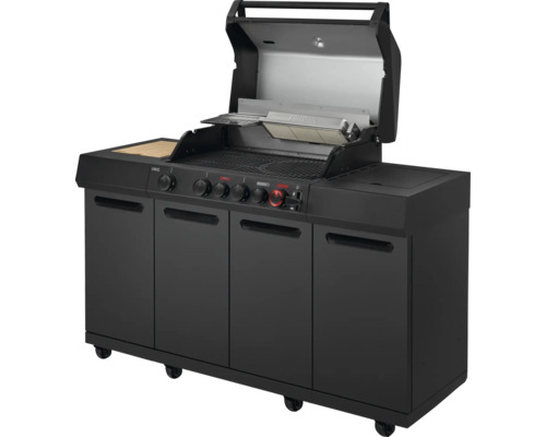 Barbecue à gaz avec couvercle ouvert et meuble bas