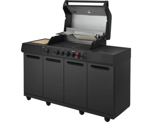 Gril à gaz avec meuble bas et couvercle ouvert