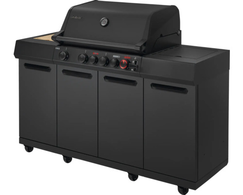 Barbecue à gaz noir avec armoire basse et affichage de la température