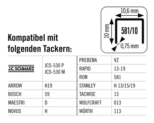 Informationen zur Kompatibilität mit verschiedenen Tackergeräten und den Abmessungen des Produkts
