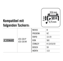 Informationen zur Kompatibilität mit verschiedenen Tackergeräten und Angabe der Klammerdimensionen