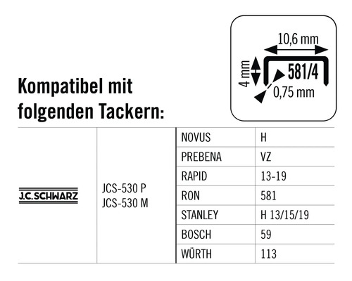 Informationen zur Kompatibilität mit verschiedenen Tackergeräten und Angabe der Klammerdimensionen