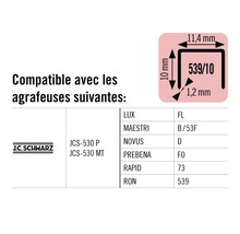Informations sur la compatibilité des agrafes J.C. Schwarz avec différents modèles d'agrafeuses.