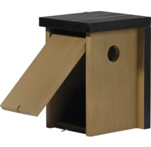 Nichoir en bois avec trappe ouverte et trou d'envol rond