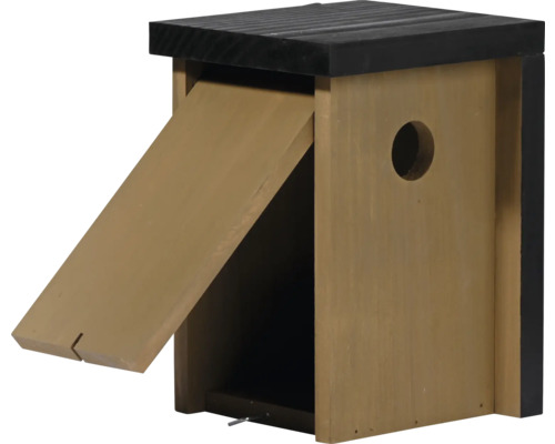 Nichoir en bois avec trappe ouverte et trou d'envol rond