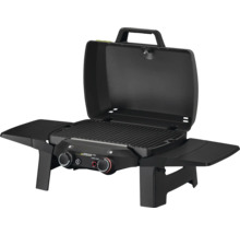 Tragbarer Gasgrill mit zwei Seitenablagen und geöffnetem Deckel.