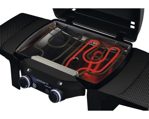 Elektrogrill mit offenem Deckel und sichtbaren Heizelementen