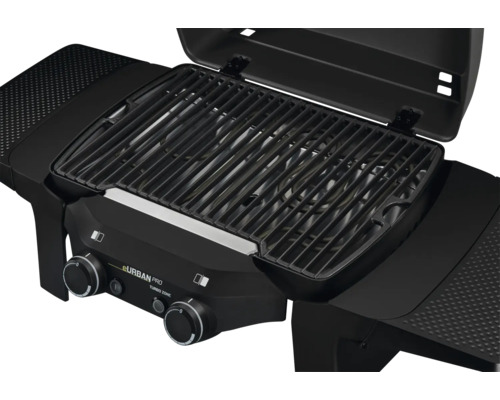 Schwarzer Gasgrill mit offenem Deckel und Grillrost