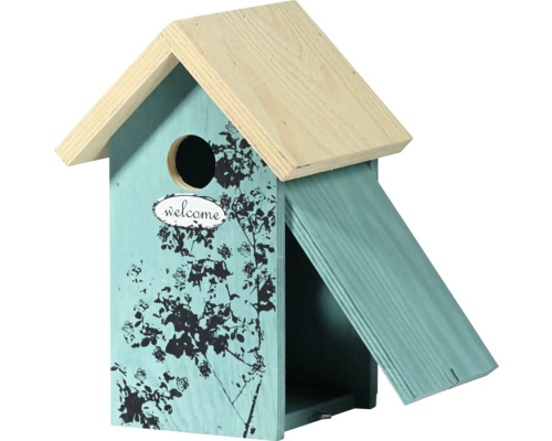 Nichoir en bois avec décoration et message de bienvenue