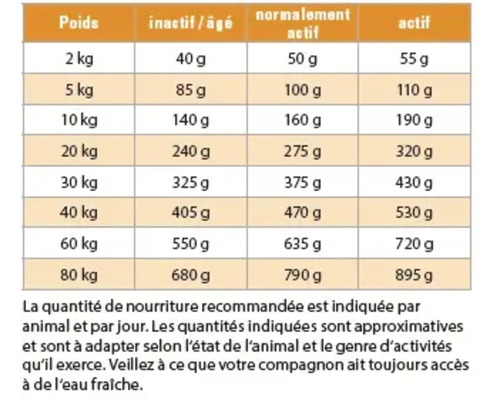 Tableau d'alimentation avec recommandations d'alimentation pour chiens