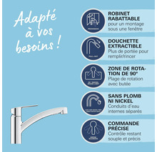 Robinet d'évier avec douchette extractible et divers symboles mettant en évidence les fonctions