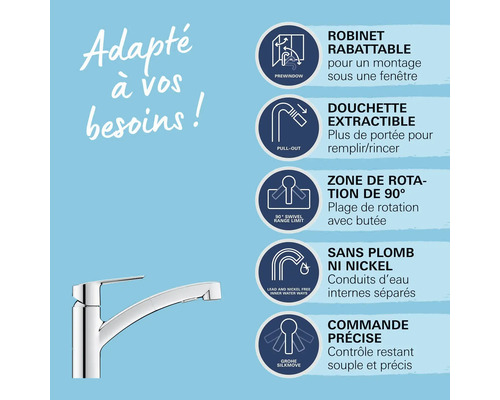 Robinet d'évier avec douchette extractible et divers symboles mettant en évidence les fonctions