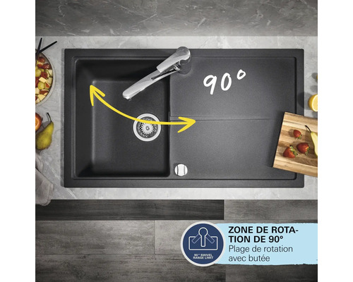 Évier en matériau composite avec plage de pivotement de 90 degrés