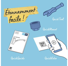 Illustration des outils, du montage, des instructions et de la vidéo pour une installation rapide