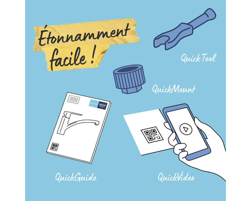 Illustration des outils, du montage, des instructions et de la vidéo pour une installation rapide