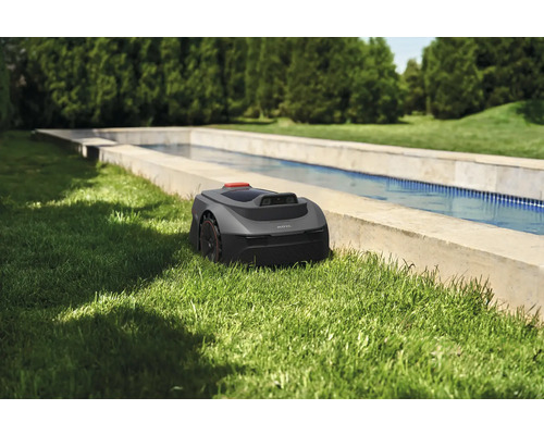 Mähroboter auf Rasen neben einem Pool