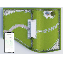 Draufsicht auf einen Garten mit Rasenmähroboter und Smartphone-App zur Steuerung des Roboters.