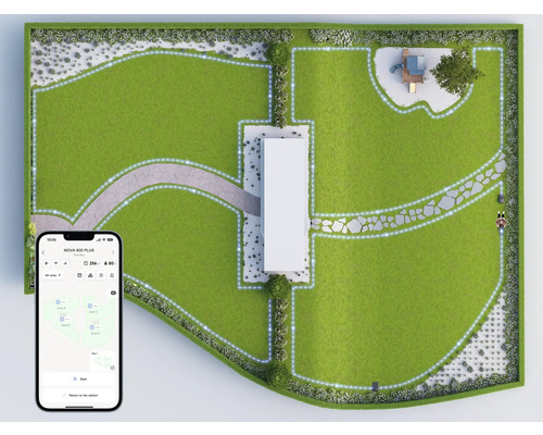 Draufsicht auf einen Garten mit Rasenmähroboter und Smartphone-App zur Steuerung des Roboters.