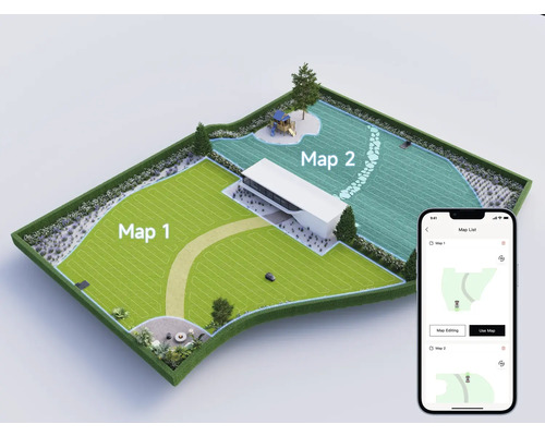 Draufsicht auf ein Gartengelände mit Rasenflächen und einem darauf befindlichen Mähroboter, gesteuert über eine Smartphone-App.