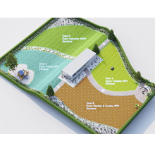 Übersicht eines Gartens mit verschiedenen Zonen und Mähzeiten für einen Rasenroboter.