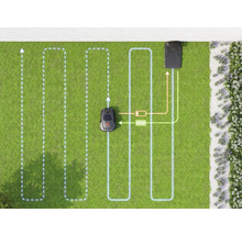Draufsicht auf einen Rasenroboter, der ein vorgegebenes Muster mäht und zur Ladestation zurückkehrt.