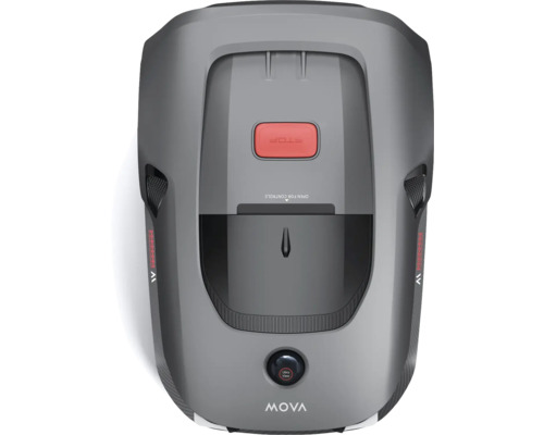 Draufsicht eines Rasenmähroboters mit Stopptaste