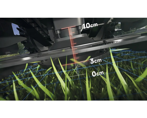 Nahaufnahme einer Rasenmähmaschine mit Anzeige der Schnitthöhe von 0 bis 10 Zentimeter.
