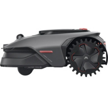 Grauer Mähroboter mit großem Rad