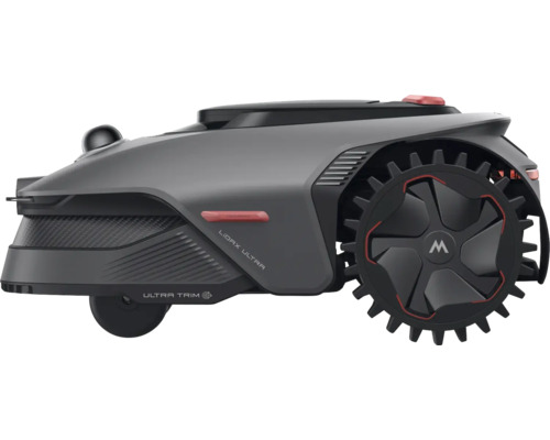 Grauer Mähroboter mit großem Rad