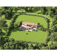 Luftaufnahme eines Hauses mit Rasenfläche und Bäumen