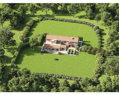 Luftaufnahme eines Hauses mit Rasenfläche und Bäumen