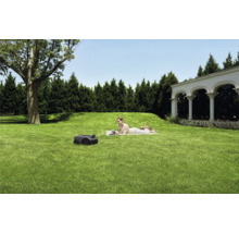 Szene im Garten mit Rasenmähroboter und entspannender Person