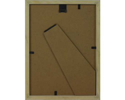 Rückseite eines Holzbilderrahmens mit Aufsteller und Aufhängung