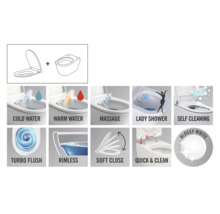 Fonctions des WC : eau froide, eau chaude, massage, douche féminine, autonettoyant, chasse d’eau turbo, sans bride, fermeture amortie, Quick & Clean, blanc brillant