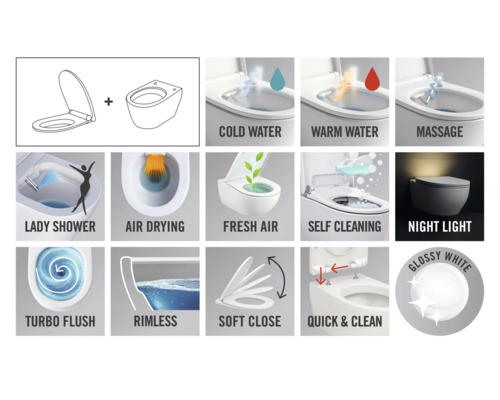 Funktionen des Dusch-WCs: Kaltes Wasser, warmes Wasser, Massage, Ladydusche, Lufttrocknung, Frischluft, Selbstreinigung, Nachtlicht, Turbospülung, spülrandlos, Soft-Close-Funktion, Quick-Clean-Funktion, Hochglanz Weiss